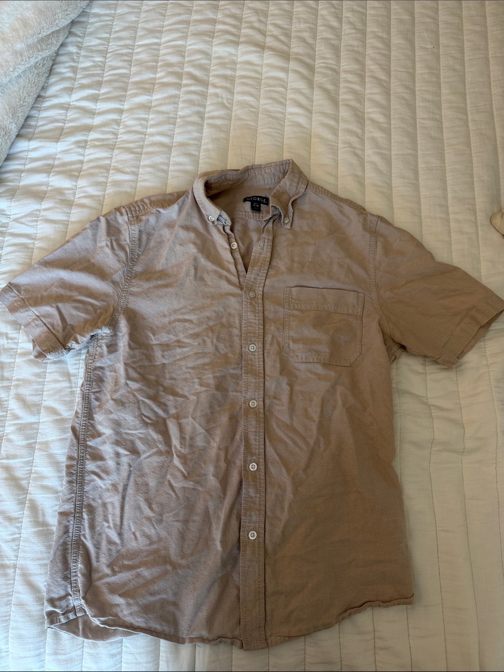 George 100% Cotton Button-Down Short-Sleeve Shirt in Taupe